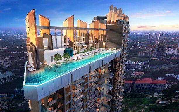 Luxury high-rise building with a rooftop pool and cityscape view at sunset.
